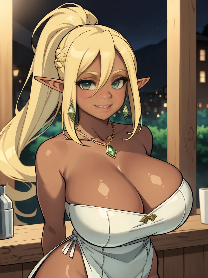 (masterpiece, official art), 1girls, solo, thick, curvy, curvaceous, blonde hair, green eyes, long hair, ponytail, elf ears, elf, leafa, (closeup), portrait, (gigantic breasts), (huge breasts), fluffy breasts, standing, cowboy shot, at bar, at night, looking at viewer, (upper body), grin, seductive, alluring attire, sidelock braids, strapless tight evening dress, earrings, necklace, open shoulders, dark skin
