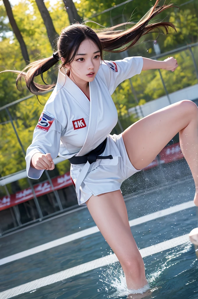 (Best Quality,8k,hight resolution,masuter piece:1.2),Ultra-detailed,Realistic:1.37,Portrait,Dynamic Angle,(Female karate athletes) ,White kimono,Teenage girl,small head,Cute,Sporty,Charming face,Detailed beauty face,Very realistic skin,Wet skin,Sweat,Large breasts,nice legs ,Sporty,Karate Venue ,Cinematic lighting,
Full body angle,The woman's hair color is silver,Wearing a white karate uniform,No bra,Wearing thong underwear,A white karate uniform is worn around the shoulders.,Black belt,It's necessary,M-shaped legs,Nude Bondage,rope,m cleavage overflows in karate uniform