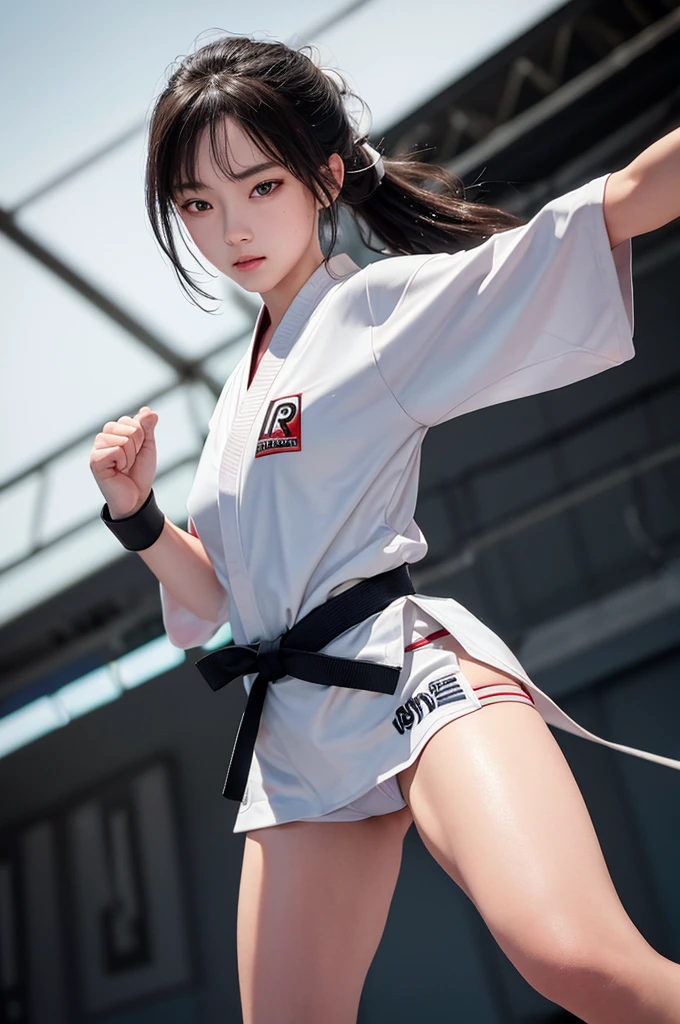 (Best Quality,8k,hight resolution,masuter piece:1.2),Ultra-detailed,Realistic:1.37,Portrait,Dynamic Angle,(Female karate athletes) ,White kimono,Teenage girl,small head,Cute,Sporty,Charming face,Detailed beauty face,Very realistic skin,Wet skin,Sweat,Large breasts,nice legs ,Sporty,Karate Venue　,Cinematic lighting,
Full body angle,The woman&#39;s hair color is silver,Wearing a white karate uniform,No bra,Wearing thong underwear,A white karate uniform is worn around the shoulders.,Black belt,It&#39;s necessary,M-shaped legs,Nude Bondage,rope,m cleavage overflows in karate uniform