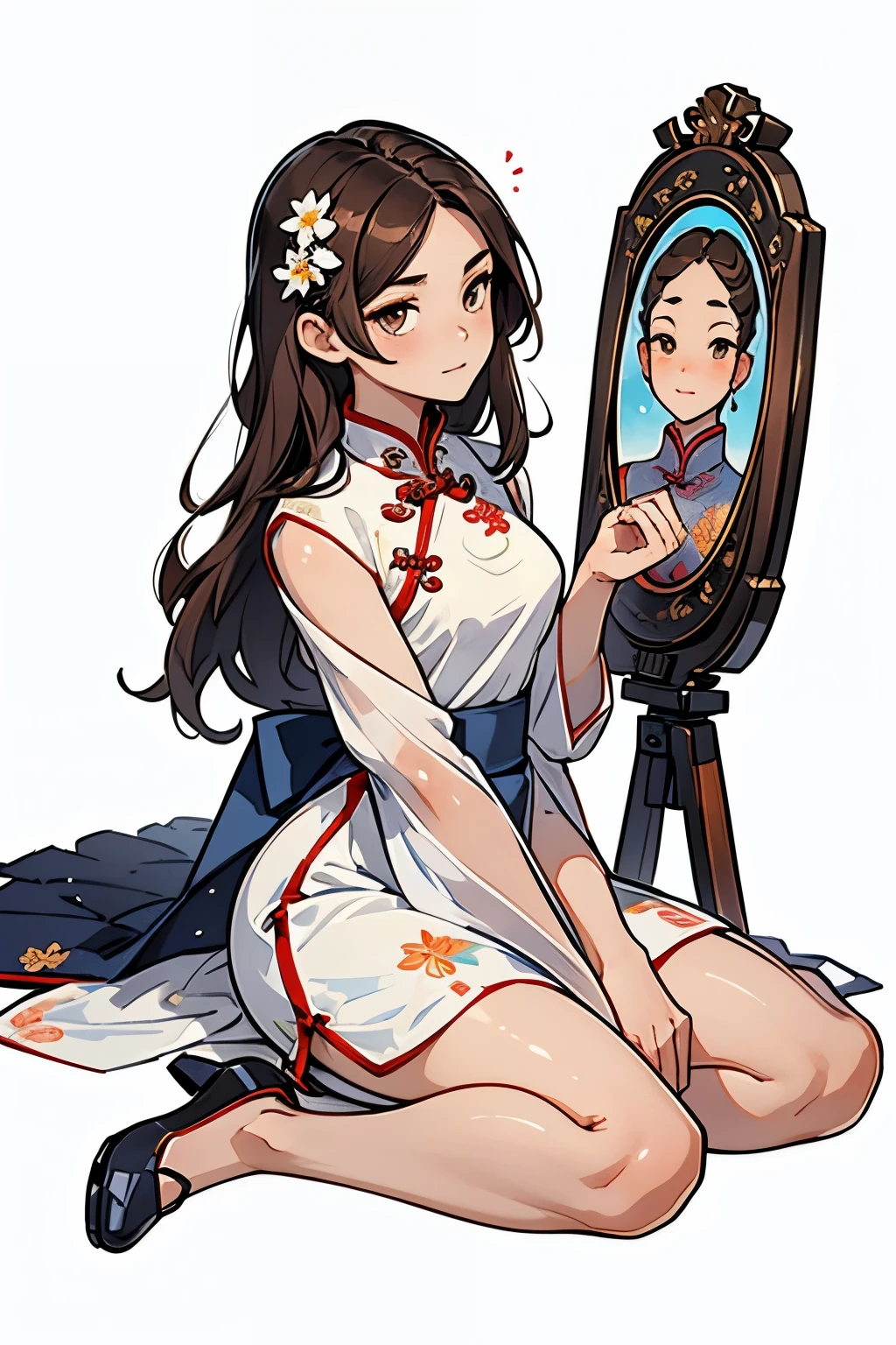 Reference table, Chinese skinny cheongsam,Short skirt cheongsam,Show your arms ,Matching Clothing, ((best quality)), ((masterpiece)), (Full body), (Concept Art), A woman,Long hair,Sit all over the body,sit on the floor, Clear facial features,Clean lines design,Transparent Background,(masterpiece,Top quantity,Best quality, Clear facial features,beautiful眼睛,beautiful脸庞), beautiful, (((Simple and detailed))) (((White background))) , ((No light))), Random Hairstyle, Brown hair, random eyes color, flower, wizard