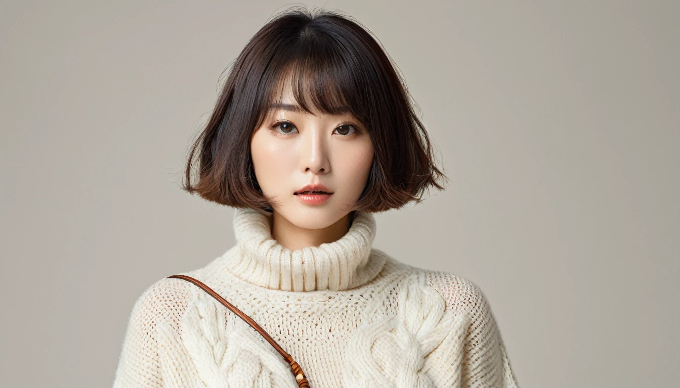 (Highest quality, 8k, 32K, masterpiece, Ultra-high resolution:1.2),Beautiful Japanese Women Photos, Large Breasts, Very short bob hair,Upper Body,(Extra Large_sweater,:1.1) necklace, Simple Background, Look around