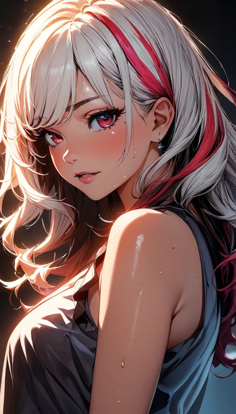(highest quality:1.2, Very detailed, up to date, Vibrant, Ultra-high resolution, High Contrast, masterpiece:1.2, highest quality, Best aesthetics), Portraiture、girl、singer, solo, ((25-years-old:1)), Bright colors, Beautiful fine details、Beautiful lip detail、medium wave hair、red and white ((streaked hair:1.6)), highlights hair: 1.5, red eyes, slim body, meddium breast, (tan skin:1.1), inside_sauna, wearing towel, kneeling, hot, (sweaty:1.2), steamy, (Floral Fineline tattoo design on left arm:1), (cowboy shot:1.5),