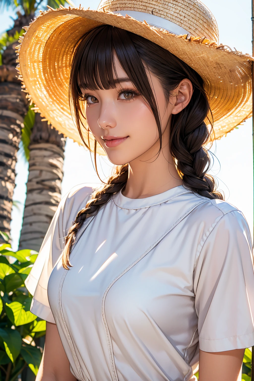 masterpiece, Highest quality, Highest Resolution, Realistic, Anatomically correct, Accurate Anatomy, One Japanese woman, Smile and show your teeth a little., Fine and beautiful eyes, Sparkling eyes, Thin eyebrows, Gives lashes a delicate finish, False eyelashes, (Date makeup:1.2), (Braided hair, Blunt bangs, Brown Hair:1.2), Detailed face, Sharp Eyes, (Straw hat, Short sleeve white blouse:1.3), Upper body photo, Under the Bright Sun, Sweat, Seaside town