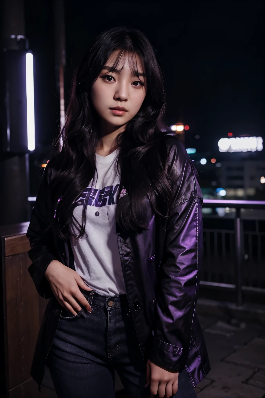 A korean woman, early 20s, brown eyes, long curly black hair, cinematic lighting purple lights, headshot, singer, moonlight, casual outfit,