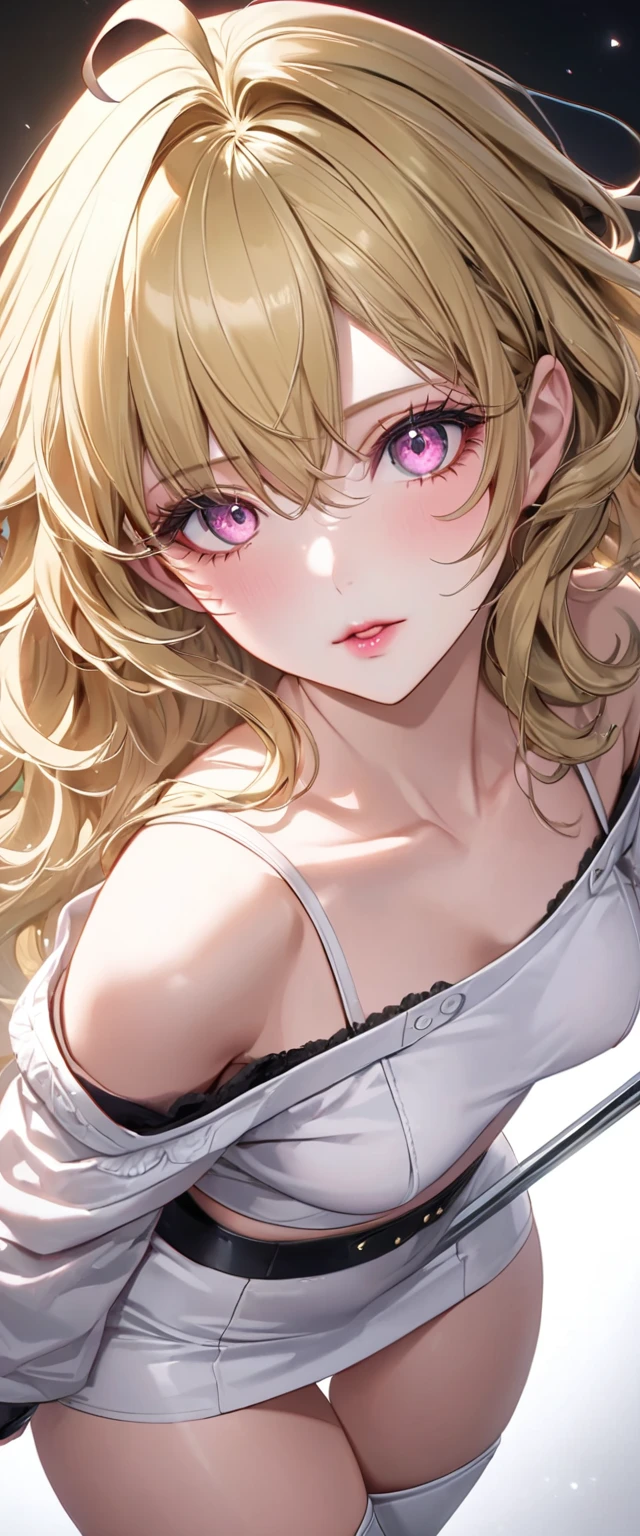 nsfw, (Perfect Anatomy)、Mastepiece、Ultra High Quality、 8k、masterpiece、Highest quality、Ultra-high resolution、Maximum resolution、Very detailed、Professional Lighting、anime、woman、thin、Very beautiful face、Very beautiful eyes、(Highly detailed eye)、Highly detailed face、Blonde, (ahoge), wavy hair, Pink eyes, blonde hair green dip-dye hair, stomach cutout, thigh boots, high heels, white mini pencil skirt, white off shoulder, makeup, eyeliner, eye shadow, pink cheek, pink lips, full body, (((Swinging hips)))