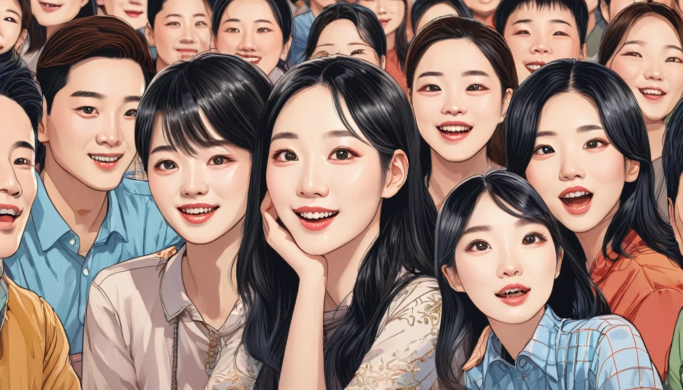 High resolution, Highest quality, An illustration, Super Detail, (Detailed face), (Detailed eyes) Inside the venue, people々gathered and sat down、Communicating with each other