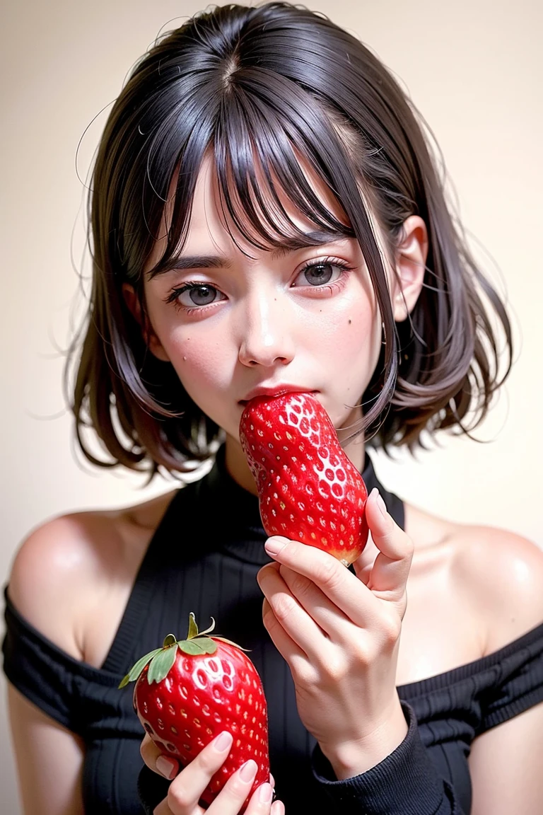 ((Best quality, 8k, Masterpiece :1.3),A Strawberry,A Strawberry eating