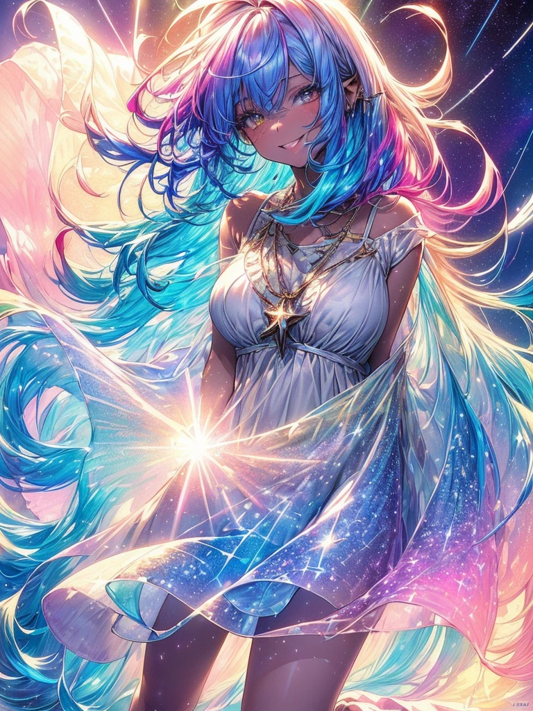 Light focus , (Bright gradient watercolor :1.5, Lens Flare:1.5 , Glitter :1.5), (fruit:1.5,a cake:1.5、girl with:1.5, fluffy girl:1.5)、full body Esbian、monstergirl、Glow , Dreamy , Bright background、Grid illusion, Colorful, girl、(((Bright sea background:1.5,Psychic in the background:1.5))),((extremely detailed eye:1.5)),{{{Ultra 8K resolution}}},((masutepiece, of the highest quality, Beautiful and aesthetic: 1.2)),{{hyper detailed masterpiece: 1.7}}, {{Cinematic lighting}},(The hair Transparency:1.5),(Light shades:1.5,light toned,Bright big aurora background:1.5、ming:1.5,Cold reflection:1.5,The edges of the object are reflected by a rainbow:1.5) 、(Golden ratio: 1.2), (Full body: 1.2), (Super Detail: 1.3), (girl with: 1.3), (Fractal Art: 1.3), {{{Glitter Pupil:1.25}}}) , ((rainbow-colored hair:1.2、colourful hair、Half blue and half red hair:1.5,Shiny hair: 1.2)), (Heterochromia), (full body Esbian), (Hyper-detailing), ((delicate detail)), (intricate-detail), ((Cinematic Light, Highest quality backlight)), High contrast, {{{The best lighting, Very delicate and beautiful}}}, (( Cinematic Light)), (ray trace reflection, Glow), (((glowing aura)), {{{Glowing hair:1.25}}}, ((Super Detail)), (8K)), ((a closeup)), ((Brown skin)), ((Seductive smile)) ,((high angle full body shot)), (Full body:1.2)、(firmament:1.5)