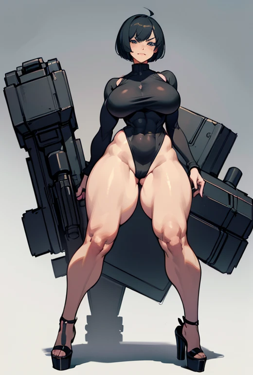 young girl, Pullover, whole body to see, short hair, (( very wide hips)), (((colossal Thighs, gigantic thighs, very huge thighs, very big thighs))), fullbody, high platform heels, soldier girl, Fit girl, ABS, high cut leotard, Cyberpunk, angry smile, holding gun, Battle, short hair,