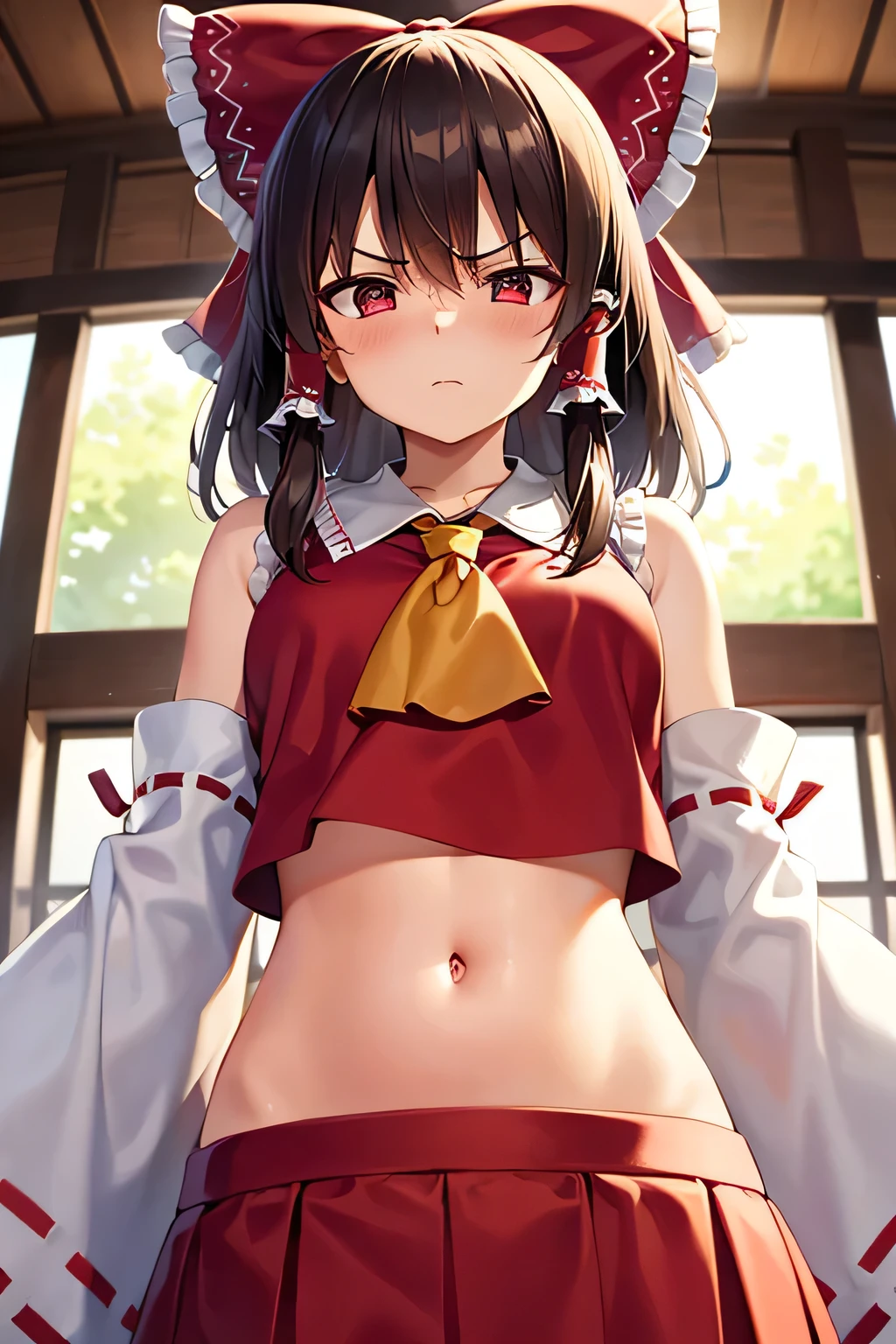 super fine illustration, vibrant colors, masterpiece, sharp focus, best quality, depth of field, cinematic lighting, ultra detailed, blush, belly button, navel, tummy, shrine maiden, hakurei reimu, 1girl, hair bow, ascot, hair tubes, detached sleeves, red shirt, red skirt, long hair, dark brown hair, indoors, mature woman, ,hakurei reimu, 1girl, hair bow, ascot, hair tubes, miko, detached sleeves, Reimu Hakurei, angry, curly hair, looking down, parted lips,