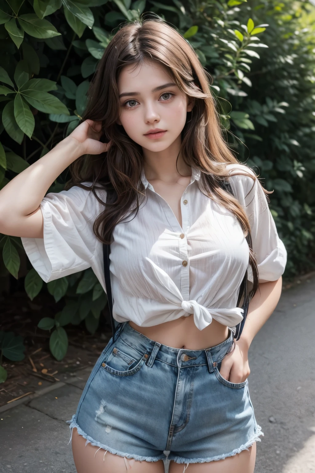 Beautiful 18 year old brunette girl wearing a blouse with one hand on her waist and the other hand on her head and wearing high waisted denim shorts with four buttons and her navel showing