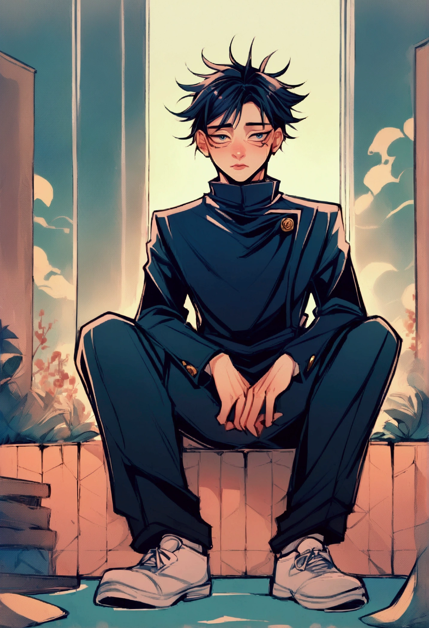 (1 boy,jujutsu kaisen), sad ???, small school boy, school uniform, sitting down, artwork