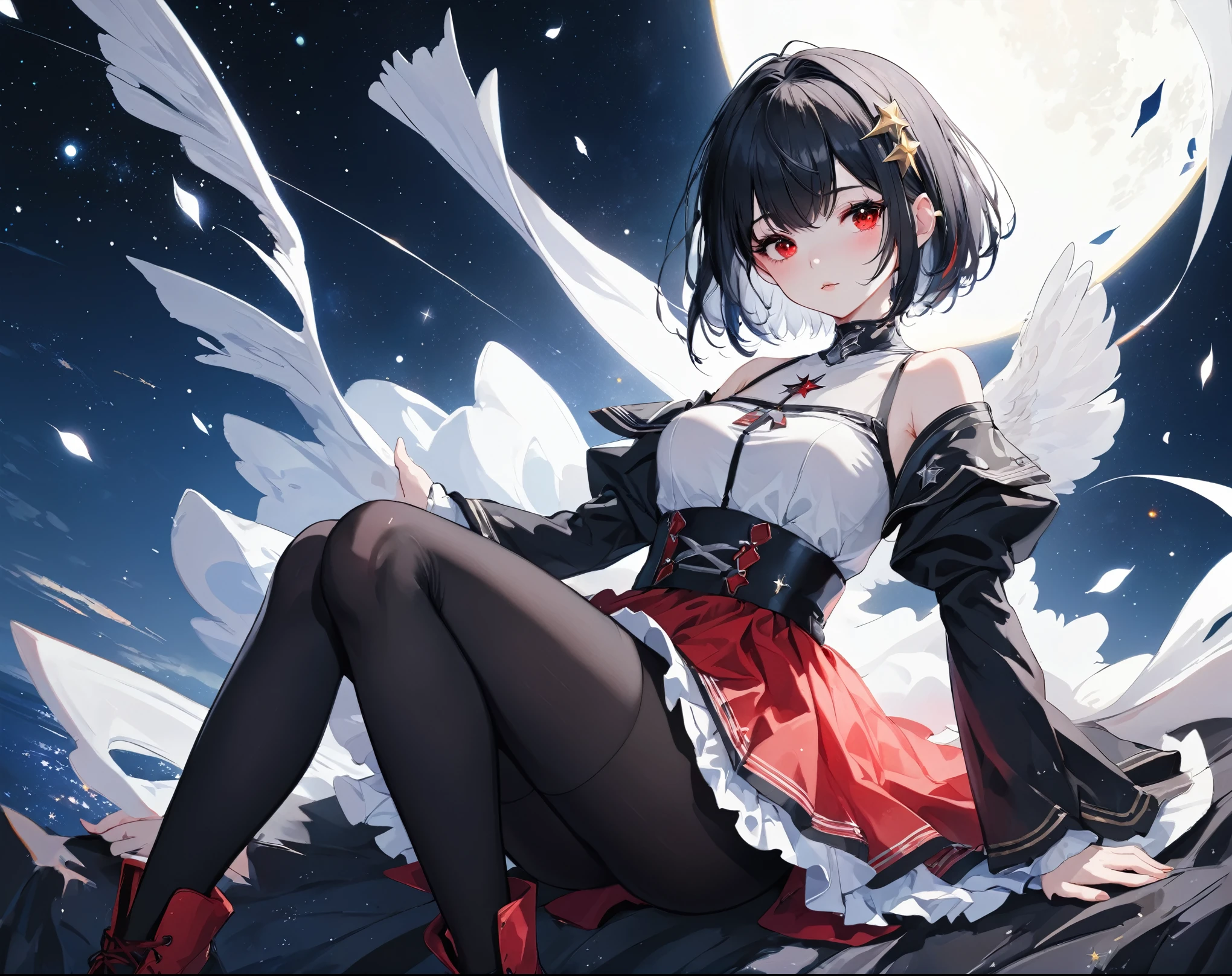 Embrace,shy,Close your eyes,Enjoy the gentle look,(highres,8k,close-up,samdoesarts-style,black short hair,red eyes,detailed facial features,night sky with starry galaxy) high detail,8k,close-up,samdoesarts style,(((a woman with short black hair and red eyes))),((with detailed facial features)),the background is the starry night sky and the Milky Way,1girl,bishoujo,ager,white_skin,shiny_skin,glamor,plump,slender face,Air bangs,short hair,black hair,red eyes,half-closed eyes,black_wings,hoodie,full_shot,(sunlight),(angel),dynamic angle, floating, wing, Halation, floating white silk,(Holy Light),silver stars,