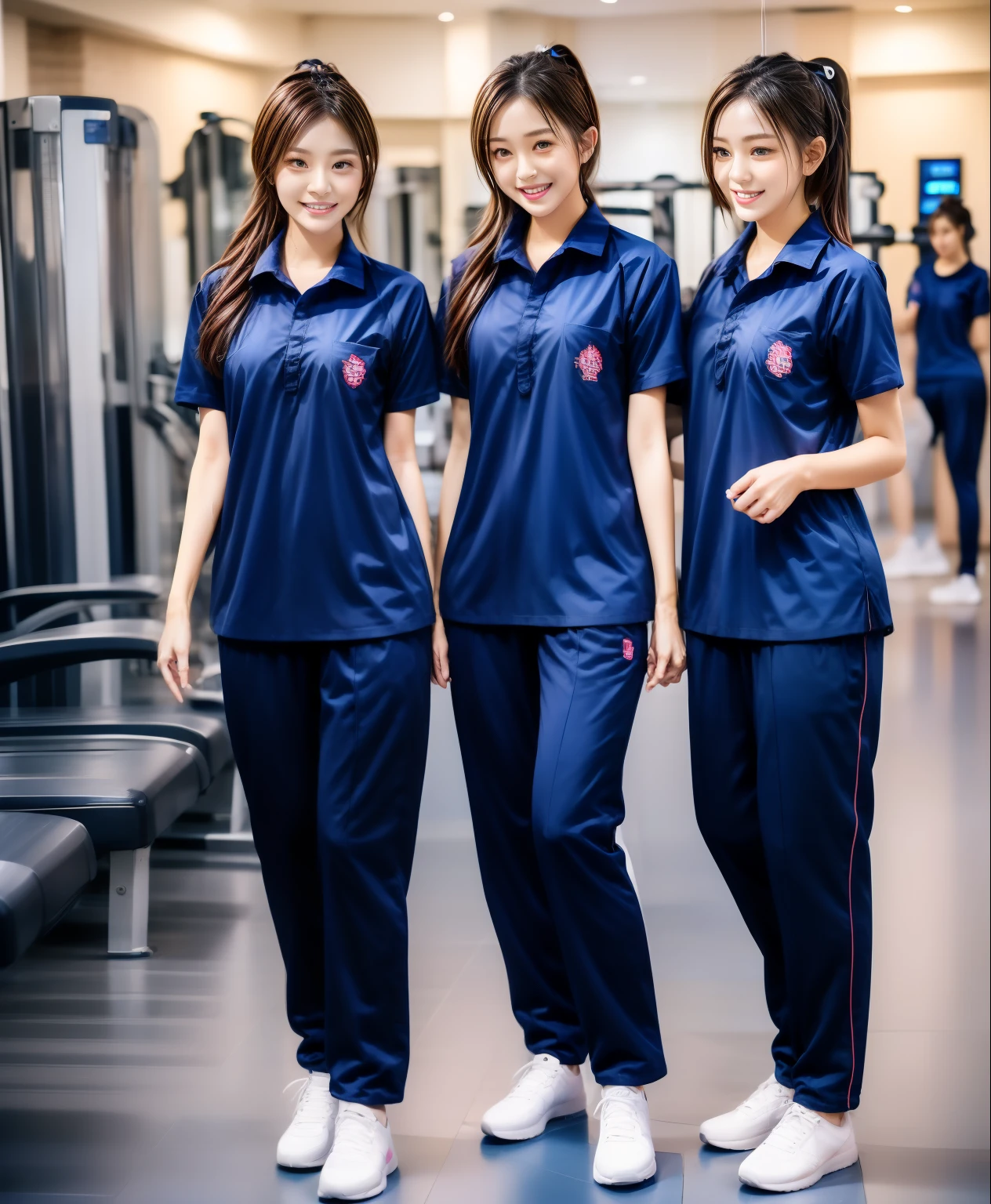 3 girls in fitness center, Navy blue short-sleeved shirt,Navy Long Trackpant,Sweatpants, Sweatpantsขายาว,25 year old girl, lesbian, sexy, exercise clothes, wet body, exercise clothes