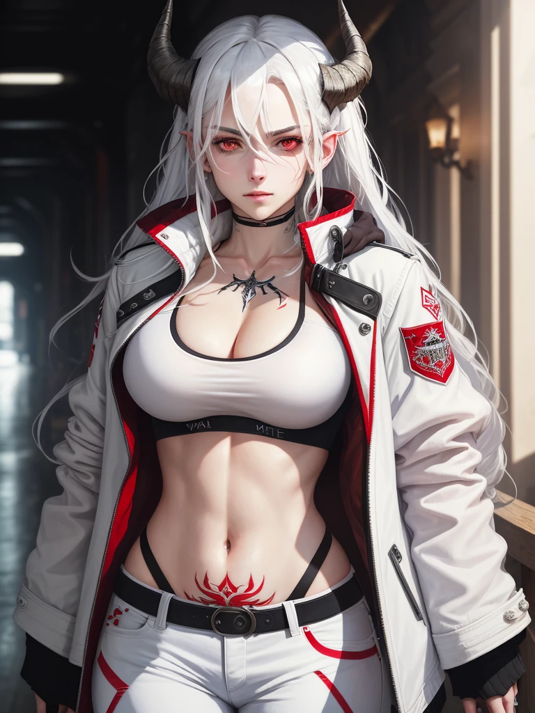 (masterpiece), best quality, expressive eyes, perfect face, mudrock, 1girl, solo, red eyes, white hair, horns, long hair, tattoo, sports bra, white jacket, jacket, open jacket, white pants, infection monitor \(arknights\), mudrock (arknights),