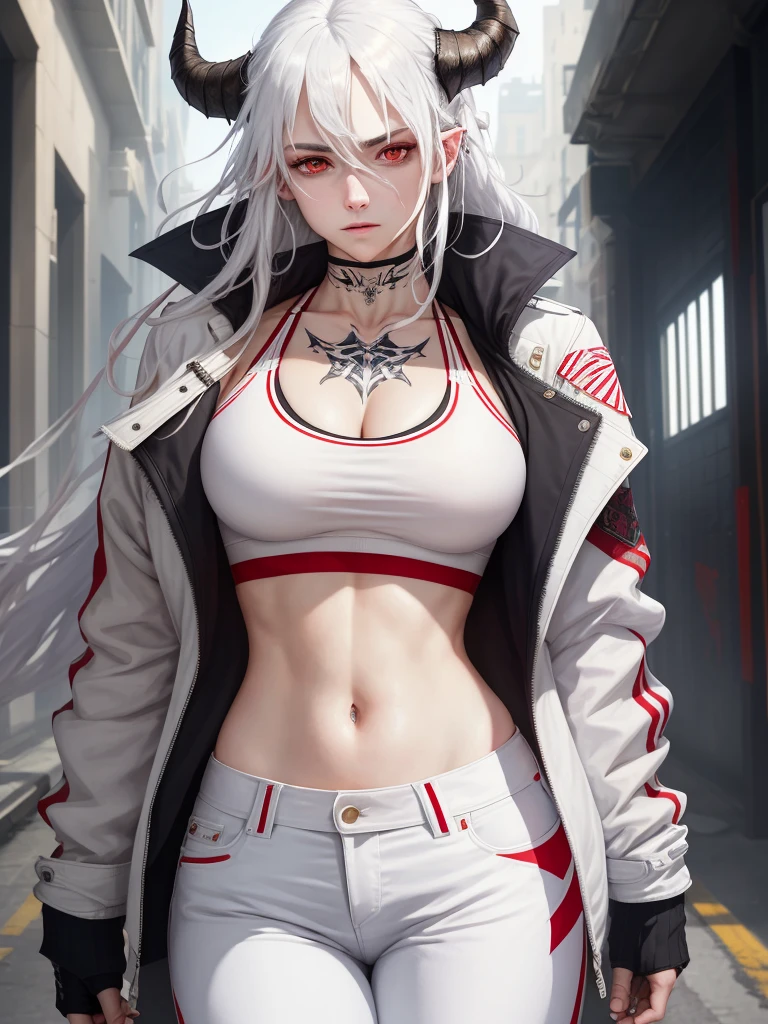 (masterpiece), best quality, expressive eyes, perfect face, mudrock, 1girl, solo, red eyes, white hair, horns, long hair, tattoo, sports bra, white jacket, jacket, open jacket, white pants, infection monitor \(arknights\), mudrock (arknights),