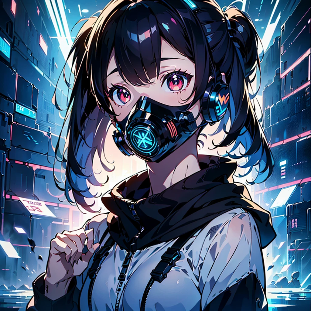 1girl,(((Highest quality、Masterpiece、Official Art、The best dynamic composition、Super detailed、Anime Style、cyber punk)))、profile、Face close-up、gas mask、Futuristic neon geometric background、