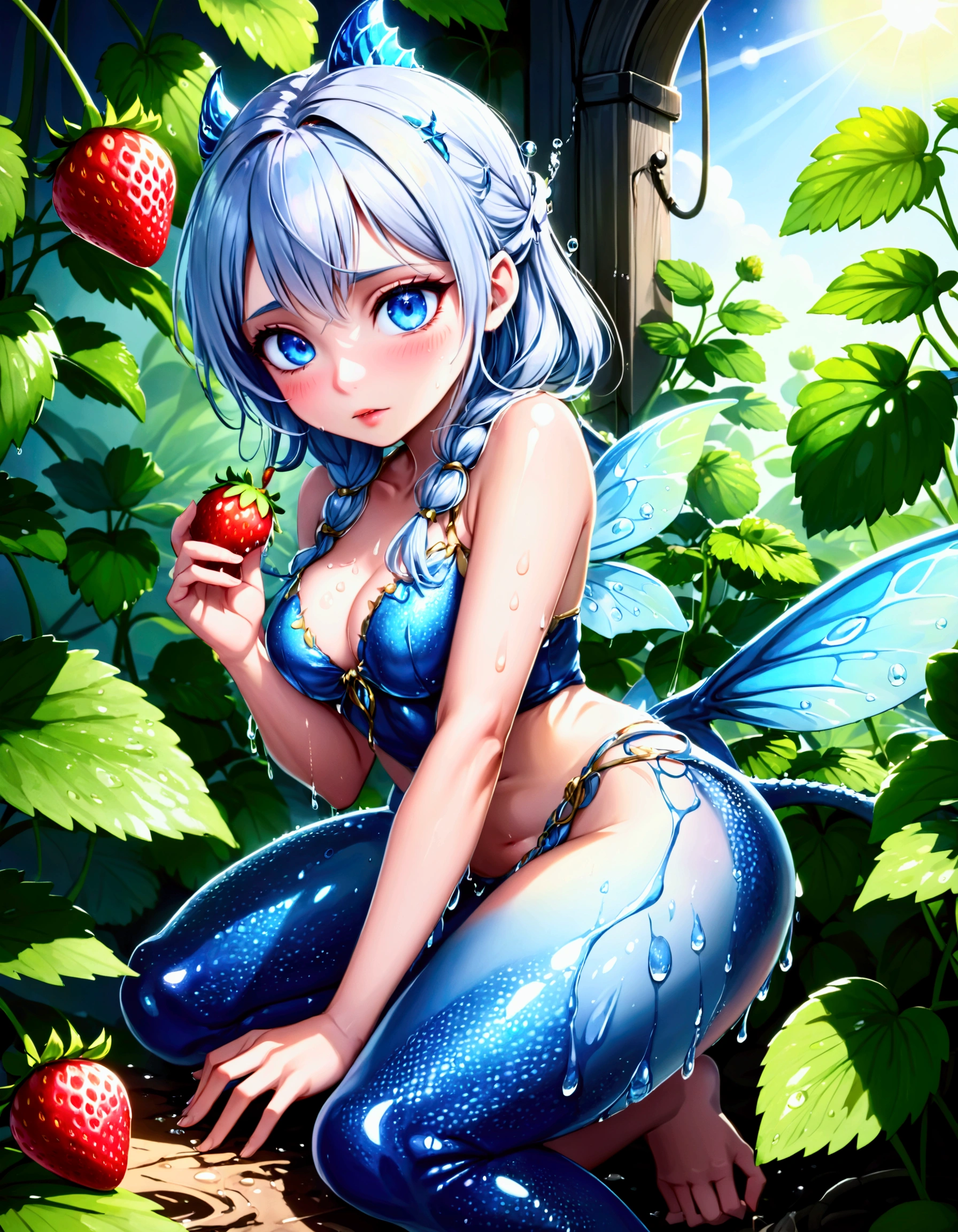 A strawberry plant with a few ripe strawberries and several maturing ones, dew drips off the plant, a silvery fairy dragon with big blue eyes is coiled under the plant looking longingly at ripe ones