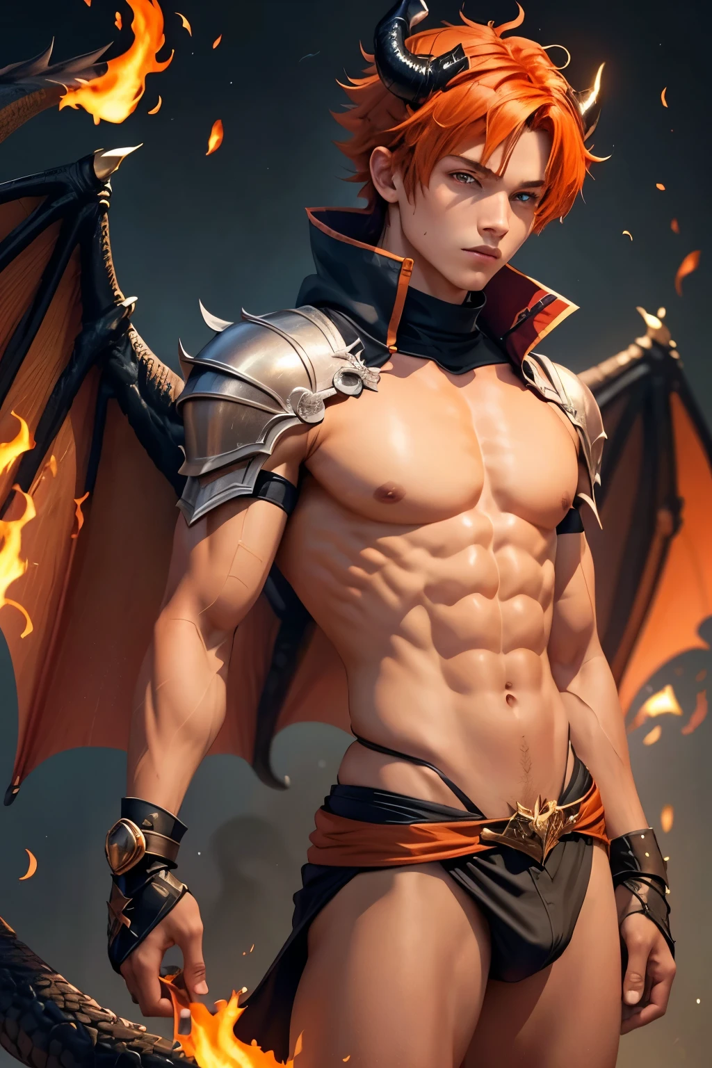 1boy, male, , cute face, tanned skin, dragon wings, black wings, dragon tail, black tail, dragon horns, fire hair, tangelo hair, orange hair, red hair, fiery hair, fiery mane, fluffy hair, red eyes, cut eyebrow, sexy, skimpy, musclar, knight