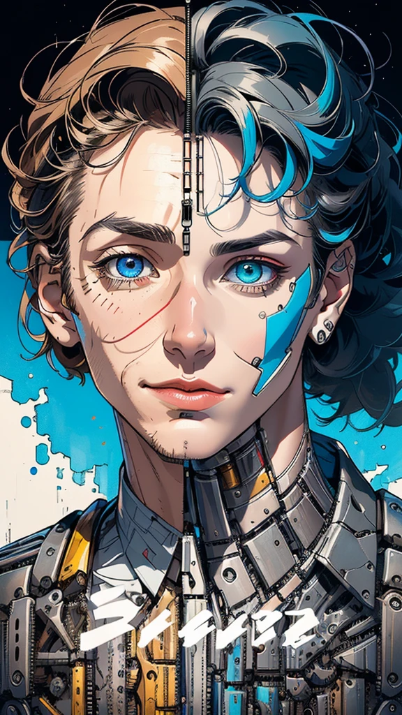 (((masterpiece, highest quality))),(((solo:1.2))),(((1girl:1.2))),32k wallpaper, very detailed, poster, vintage science fiction,(((((geometric cinematic movie poster))))), (bauhaus),(((abstract))),(((mid century modern))),(((((portfolio))))),(((((Close-up))))),(((((bust up))))),((((more various angle)))),(((highlight))),Vast landscape,((((heterochromia)))),(((complete. detailed face))),(((Extremely talented))),(((most complecated machine))),Colorful color scheme,((((((Half of his face is mechanical))))))