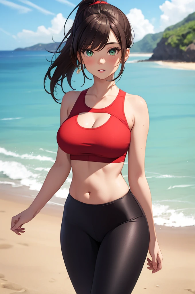 1girl, solo, cowboy shot, facing viewer, medium hair, ponytail, sidelocks, brown hair, (finely detailed beautiful eyes: 1.2), green eyes, parted lips, toned, large breasts, visible belly, {{{black top}}}, [[lava red top]], tank top, bare shoulders, {{{black pants}}}, [[lava red pants]], tight sport pants, beach,