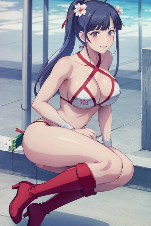 masterpiece, best quality, beautiful art, high resolution, well formed hands, body and fingers, 1 woman, solo, Ami Tsuruga, full body picture, grown up, adult, large and rounded breasted, cleavage, hair ornament, wearing a Tyris Flare outfit , white_bikini, full body, sexy and skimpy bikini, gorgeous hips, legs and thighs bouncing breasts, red boots,doing exercise, warming up, working out, sexy and captivating training, smiling joyfully and happily , looking at the viewer, , sweating , bouncing breasts, bikini thong, training montage session, beach environment