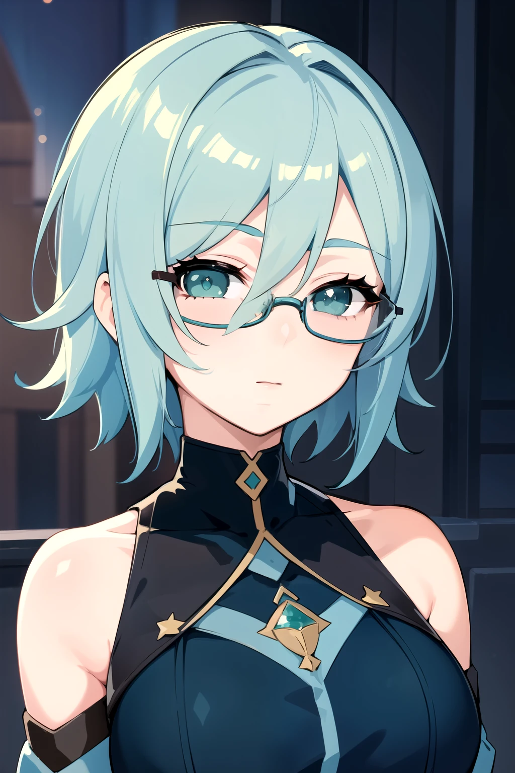 1girl, solo, (masterpiece, best quality:1.4), extremely detailed face, perfect lighting, manya, manya, hair over one eye, short hair, aqua hair, green eyes, glasses, forehead, bare shoulders,