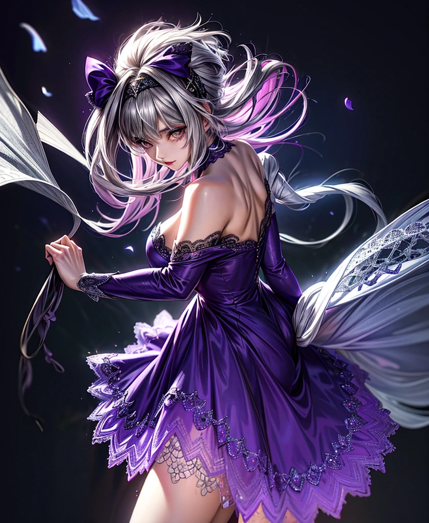 a anime lady in She has a shaggy gray bob cut with a headband, and she is wearing a purple dress with lots of lace. The background has a checkered pattern. She is a young, beautiful woman.