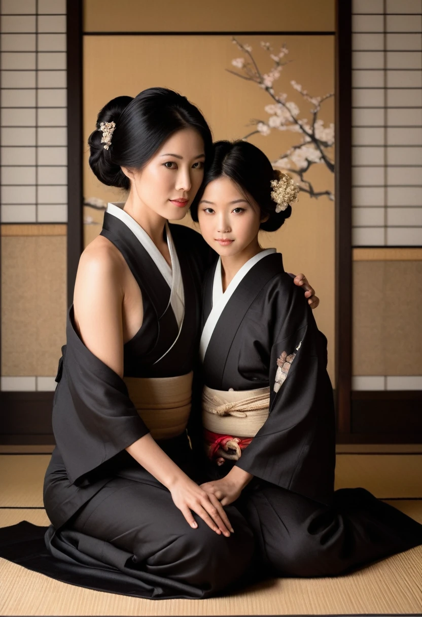 Create an artwork featuring a nude mother and daughter with straight, jet-black hair, highlighting the bond between them through elegant and natural poses. The setting should evoke a sense of intimacy and timelessness, such as a traditional Japanese interior with elements like tatami mats, shoji screens, and soft natural lighting. The mother and daughter can be depicted standing together, their poses reflecting a gentle, nurturing relationship. Their black hair flows smoothly, creating a visual harmony and connection between them. The overall composition should convey themes of familial love, natural beauty, and the serene elegance of traditional Japanese aesthetics. Use soft, warm lighting to enhance the sense of closeness and tranquility in the scene.