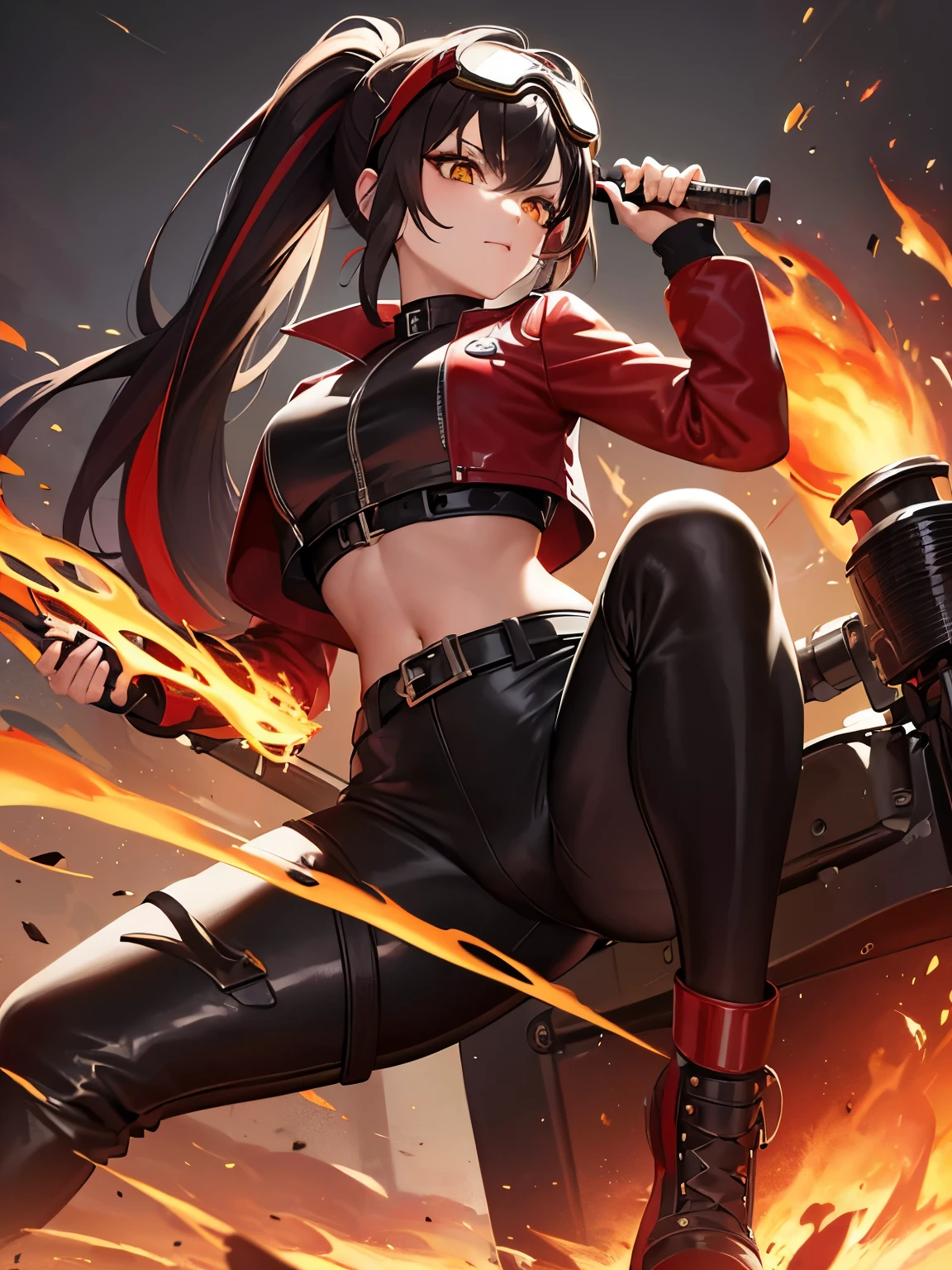 ((best quality)), ((masterpiece)), (detailed), 1girl, long black ponytail with red highlights, black latex pants, crop top, red jacket, motorcycle goggles on head, yellow eyes, holding flaming axe, mechanical axe, axe with exhauster pipes, motorcycle, desert background