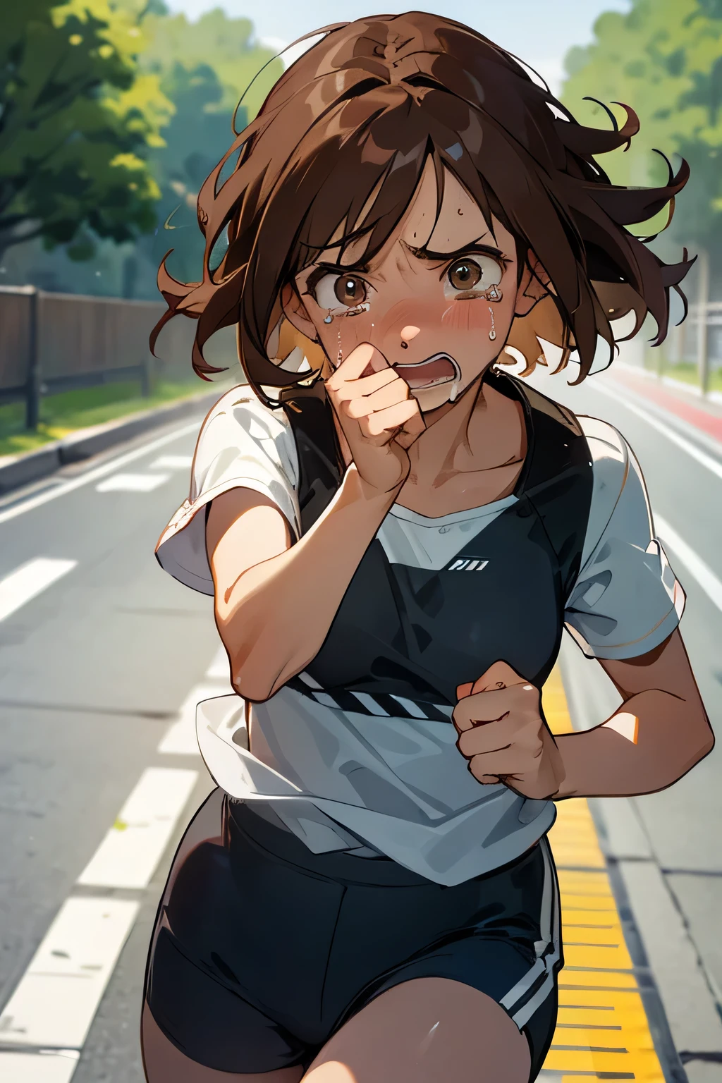 road,running,brown hair,female,crying,middle-age