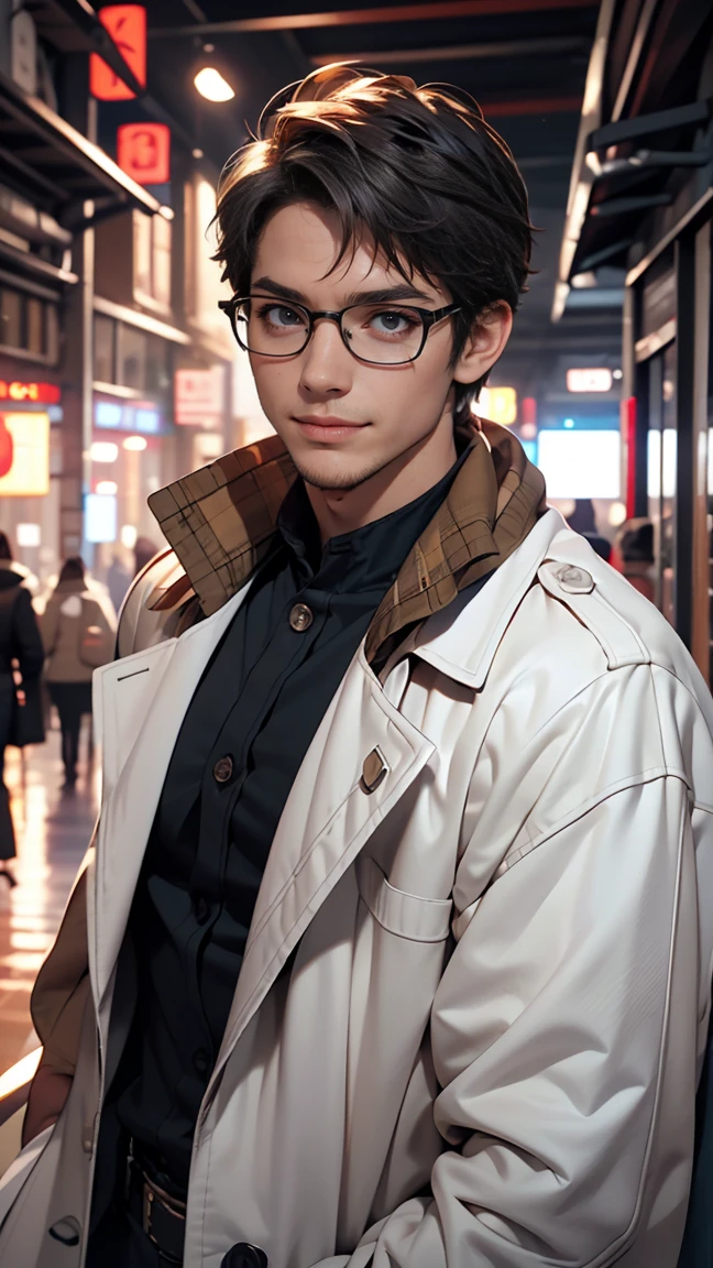 highly detailed face in 8k, face with smile, greeneyes、barba、hero with glasses、white coat worn by scientists、standing alone、There are also researchers、There are scientists、Postgraduate、trunk、highest quallity、work of art、ultra-high resolution、(Photoreal:1.4)、game poster
