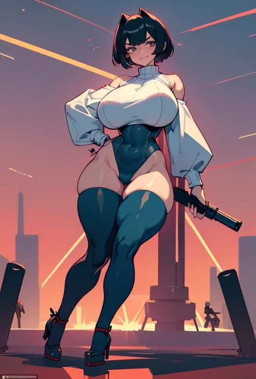 young girl, Pullover, whole body to see, short hair, (( very wide hips)), (((colossal Thighs, gigantic thighs, very huge thighs, very big thighs))), fullbody, high platform heels, soldier girl, Fit girl, ABS, high cut leotard, Cyberpunk, angry smile, holding gun, Battle, short hair,