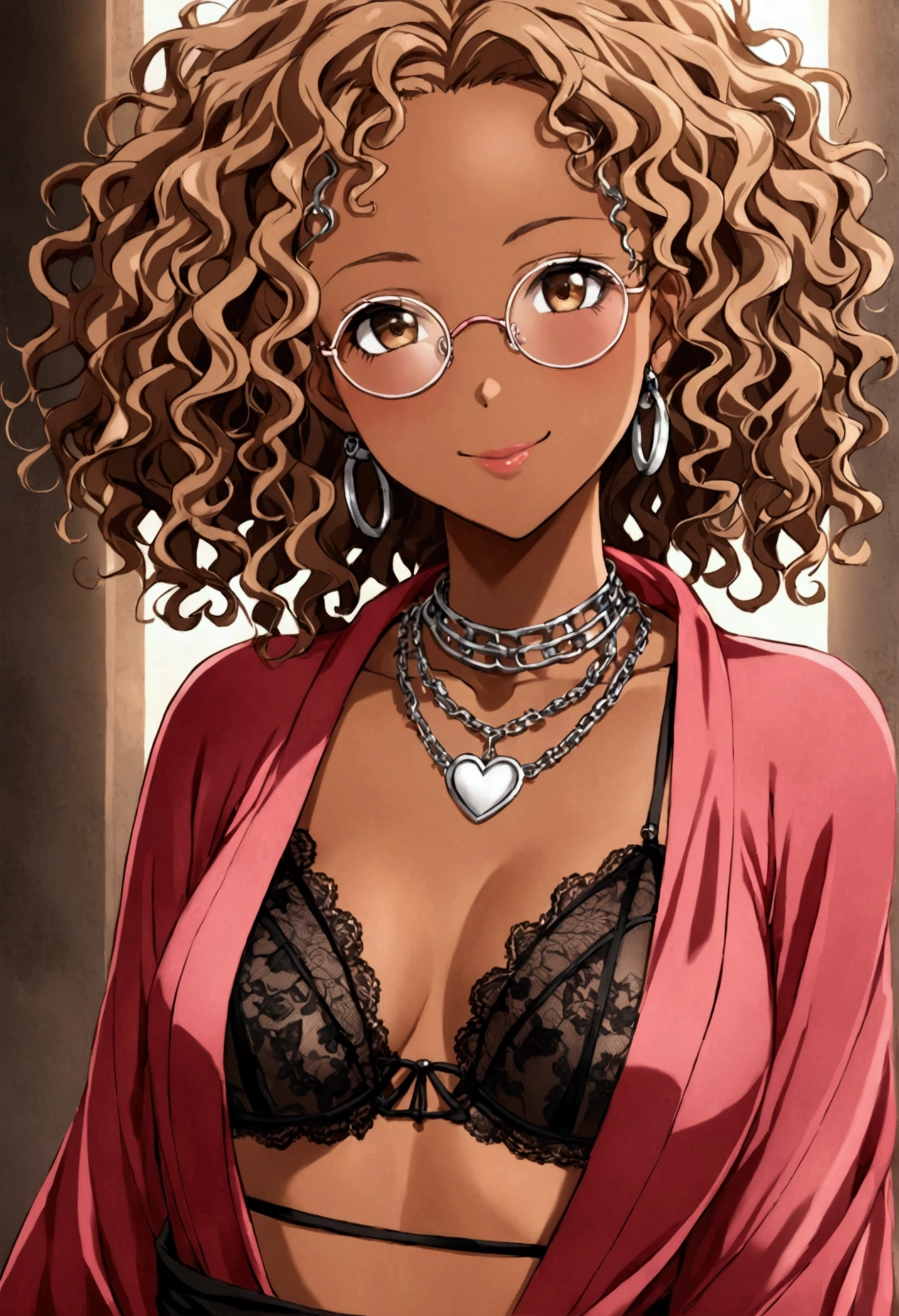 ecchi anime character. smiling personality african american young woman, light brown curly hair and light brown eyes. She wears round glasses and chains and pendants around her neck and a pink choker with a silver heart. She wears a black lace lingerie set and a red silk robe tied loosely around her waist..