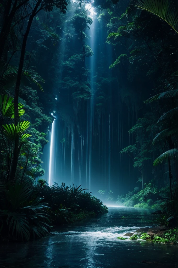 Make a background of a nighttime rainforest with dark colors and rays with waves behind and showing the floor of the image