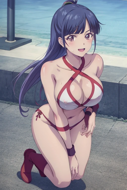 masterpiece, best quality, beautiful art, high resolution, well formed hands, body and fingers, 1 woman, solo, Ami Tsuruga, full body picture, grown up, adult, large and rounded breasted, cleavage, hair ornament, wearing a Tyris Flare outfit , white_bikini, full body, sexy and skimpy bikini, gorgeous hips, legs and thighs bouncing breasts, red boots,doing exercise, warming up, working out, sexy and captivating training, smiling joyfully and happily , looking at the viewer, , sweating , bouncing breasts, bikini thong, training montage session, beach environment