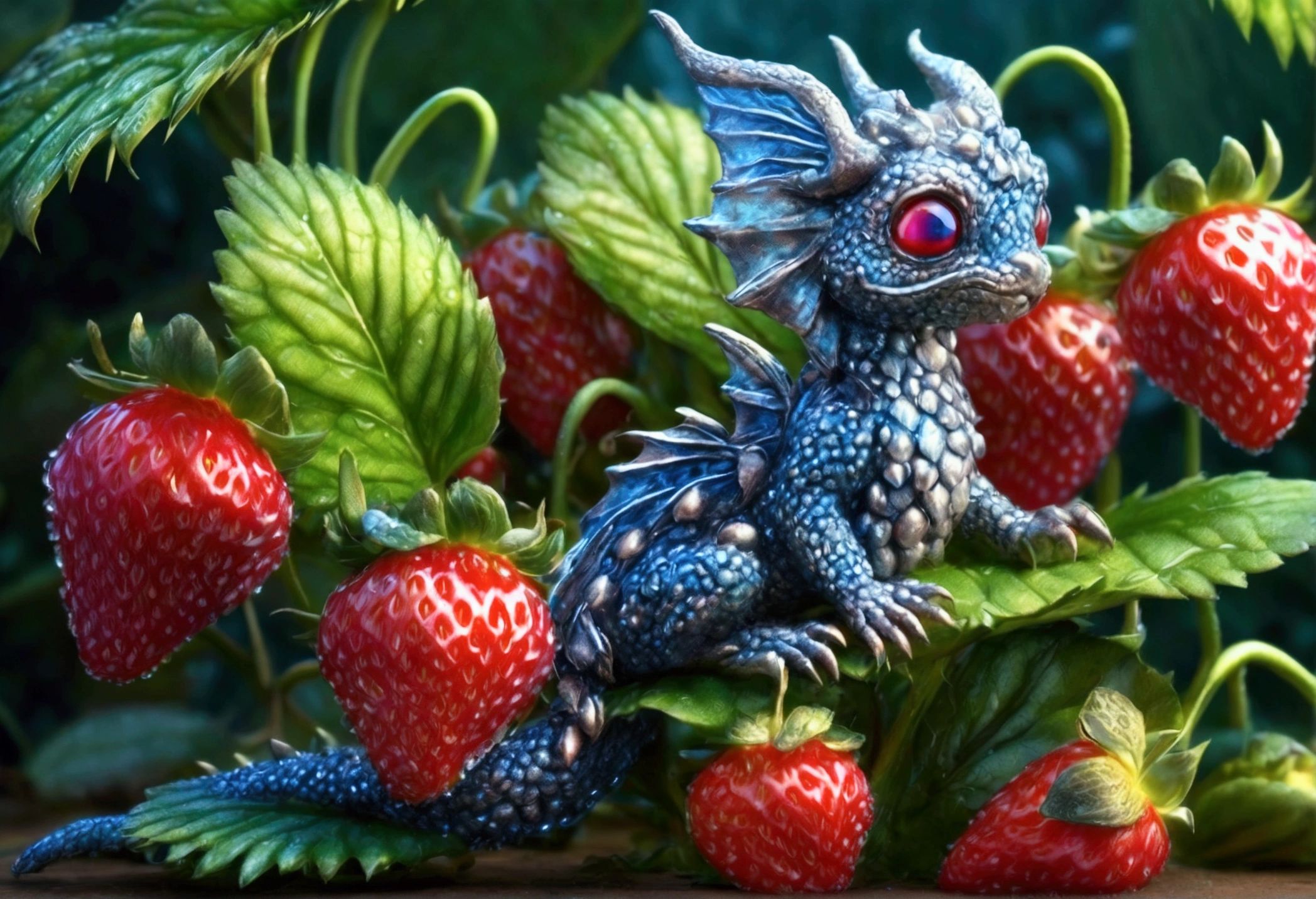 a ripe strawberry plant with dew drops, a silvery fairy dragon with big blue eyes coiled under the plant, detailed, ultra-realistic, 8k, photorealistic, masterpiece, beautiful vibrant colors, intricate details, soft lighting, lush foliage, delicate petals, enchanting scene