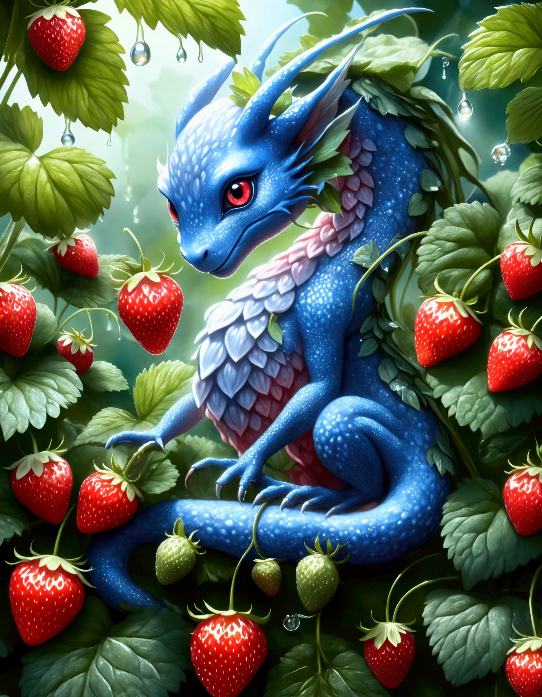 A strawberry plant with a few ripe strawberries and several maturing ones, dew drips off the plant, a silvery fairy dragon with big blue eyes is coiled under the plant looking longingly at ripe ones
