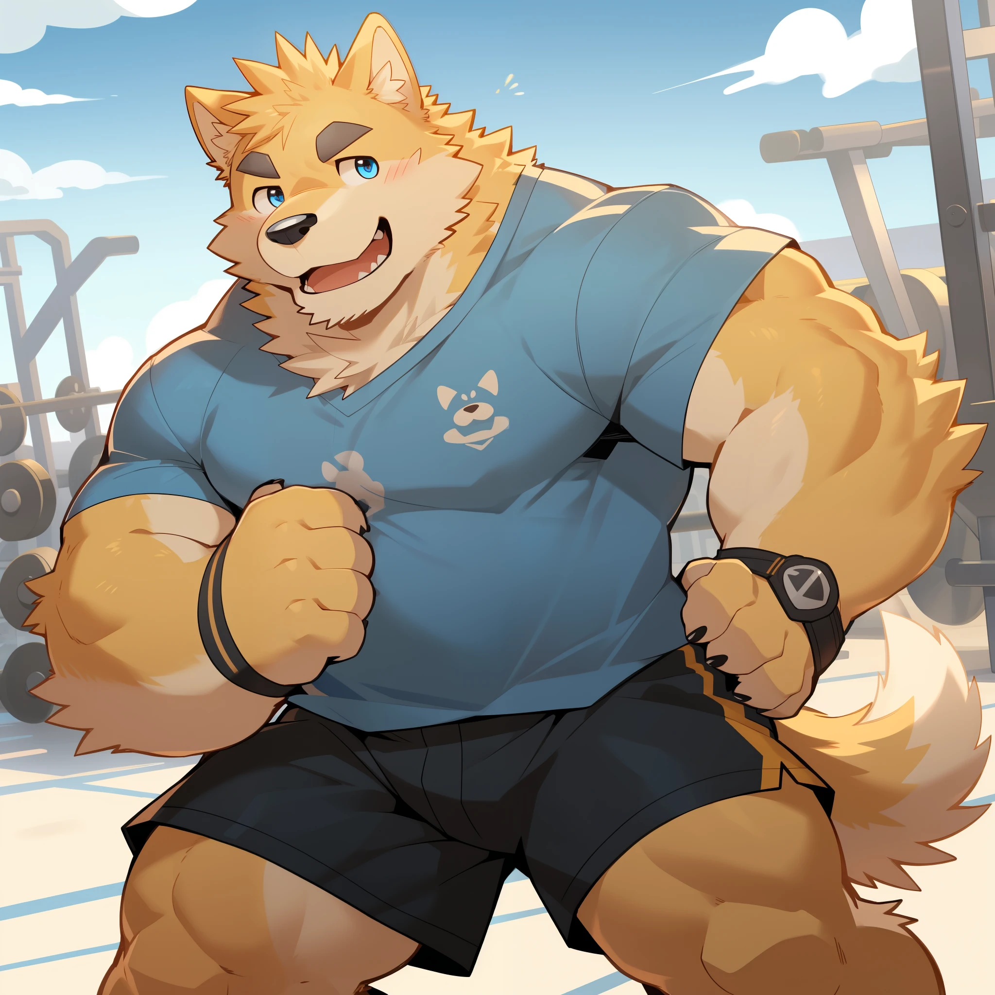 Scribble 金毛巡回dog face,Humanity(dog),(White short sleeve:1.3),Muscular,(Black eyebrows:1.1),(Perfect eyes),Yellow fur,(artist:Takemoto Arashi),Gym background,Wolf Tail,(Black shorts:1.3),paw。