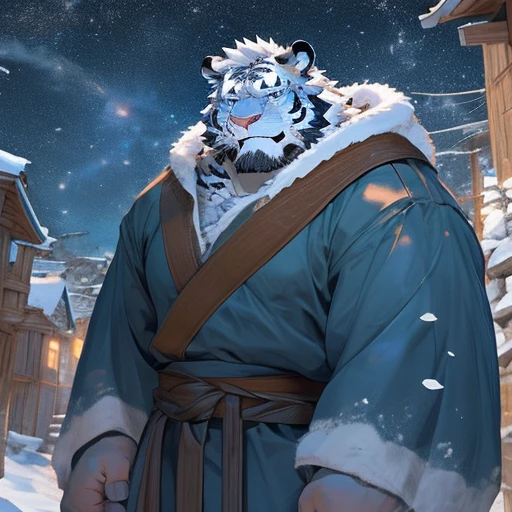 Sweaty muscular shirtless man in medieval village hairy anthropomorphic chest hair serious face（Scar on face） Mature （Blue eyes）Huge muscular ripped abs wild general ambitious thoughtful vicissitudes of life white tiger,snowy village at nights,blue stars in the sky, smile on the viewer, cool poses,katana in the katana's handle,the katana's handle in the right side