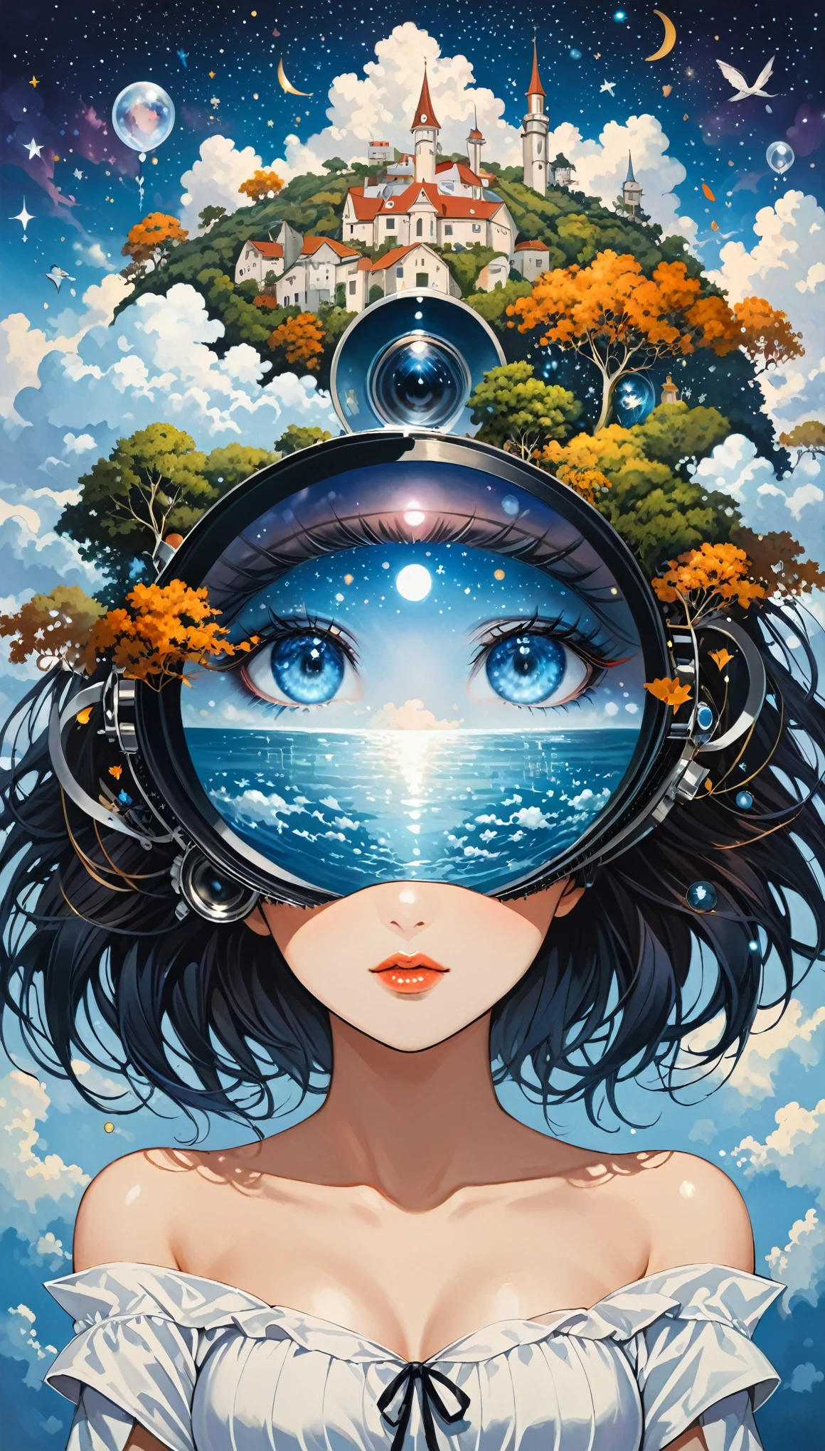 1girl,([face covered by hair :huge telephoto lens face:10],Magical Realism,Surrealism
