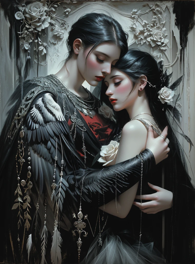 chiaroscuro technique on sensual illustration Illustration art, by IrinaKapi. Surrealism, vintage abstraction, girl with white raven and black roses, ultra details oh clothes, best quality, masterpiece, painting, concept art, emotionally, atmospheric, aesthetics of romanticism, represent transformation and the ability to see beyond the surface