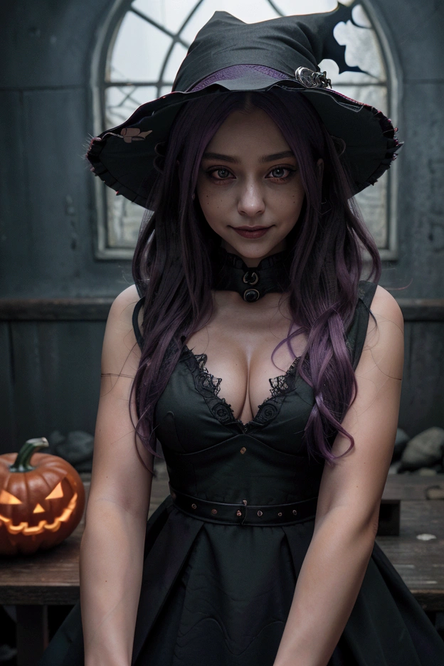 UHD, retina, accurate, anatomically correct, textured skin, super detail, high details, high quality, best quality, highres, 16k, red eyed woman, with long wavy lilac hair, wearing witch hat, evil smile holding halloween pumpkin next to her face. abandoned mansion scene. black dress. she is occupying only 1/4 of the image