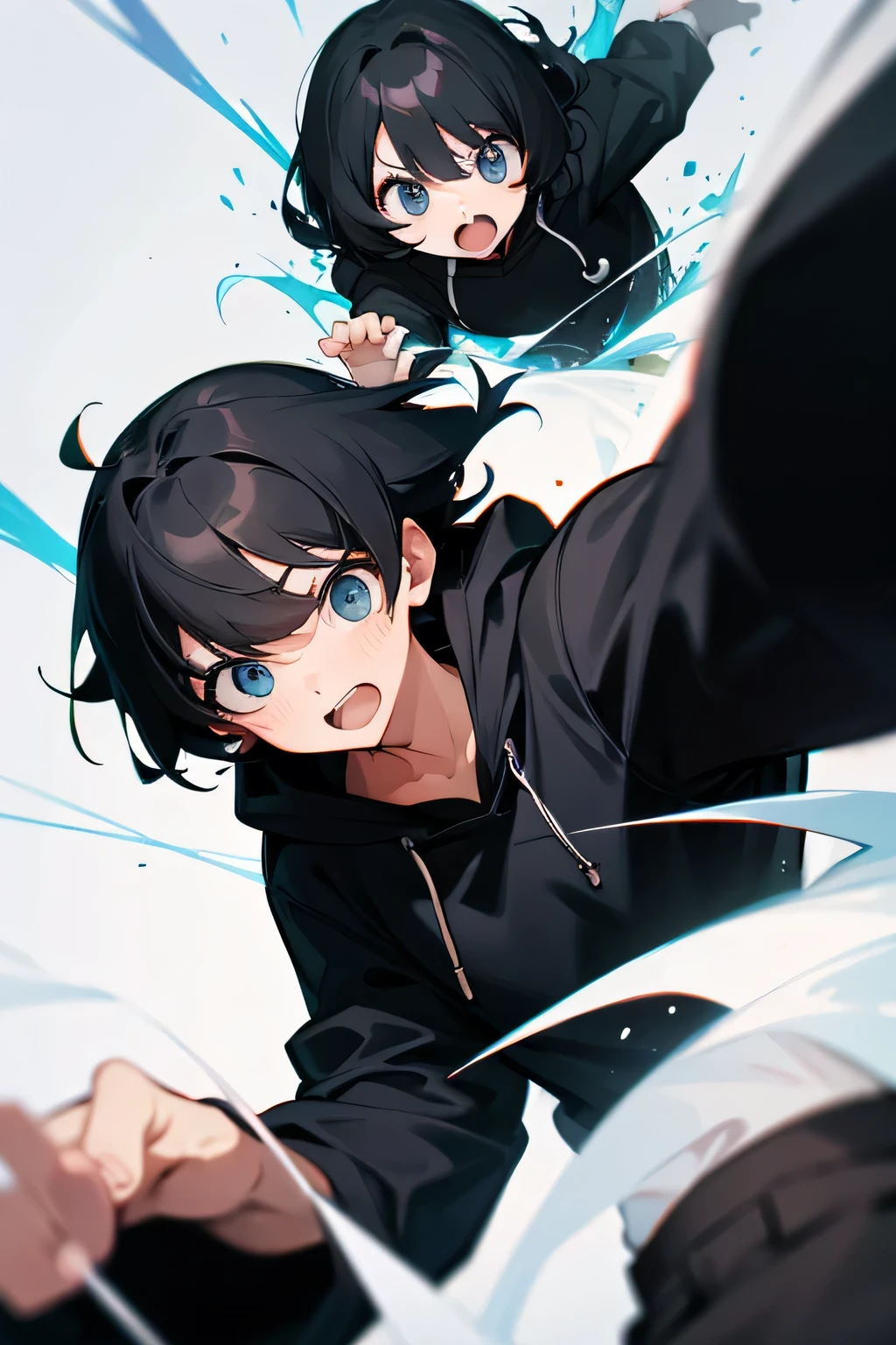 Surprised face,black hair,black hoodie,man