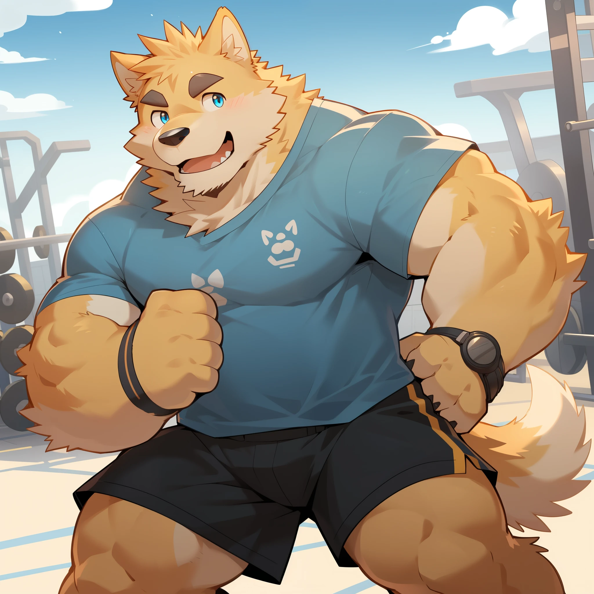 Scribble 金毛巡回dog face,Humanity(dog),(White short sleeve:1.3),Muscular,(Black eyebrows:1.1),(Perfect eyes),Yellow fur，（artist:Takemoto Arashi），Gym background，Wolf Tail，（Black shorts:1.3），paw。