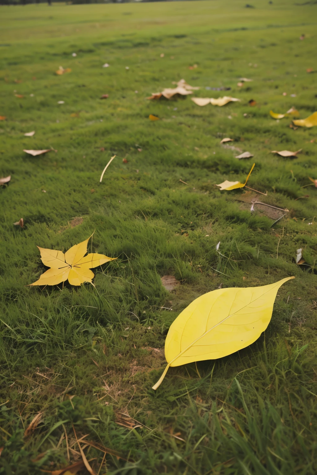 a fallen yellow leaf on a curved green grassland