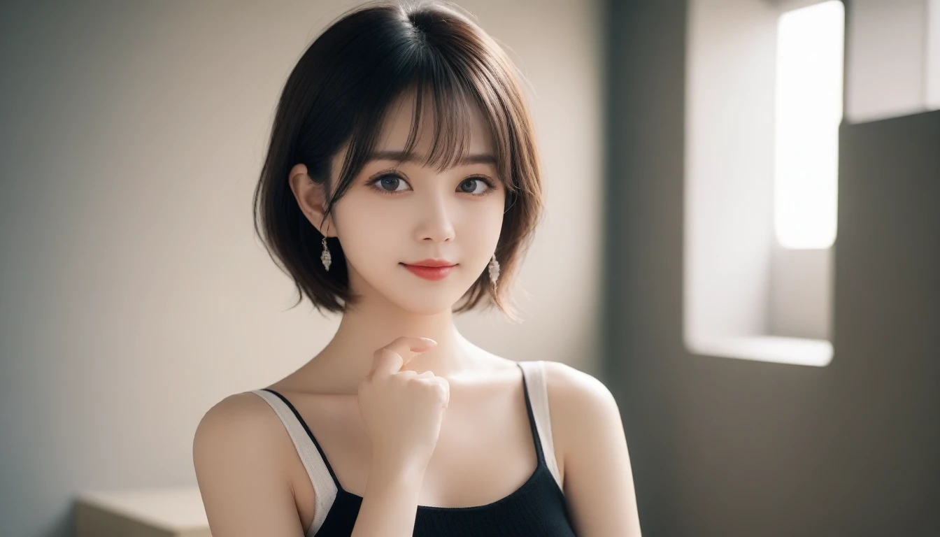 8K, Ultra-high resolution, best quality, masterpiece, Surrealism, photo, 1 girl, (16 years old:1.3), pretty girl, Cute face, Beautiful eyes in every detail, 細かくdetailedに,masterpiece,Japanese female announcer,(8K, RAWphoto, best quality, masterpiece:1.2), 超detailed, Ultra-high resolution, (Practical, Practical photo:1.37), image, 高精細RAWカラーphoto, プロのphoto, 非常精致beauty, 非常にdetailed, 8K wallpaper, 驚くほどdetailedなディテール, Large file size, Official Art, highly detailed CG Unity 8K wallpaper, 非常にdetailedな美しい女性, 非常にdetailedな顔, Very fine particles, 非常にdetailedな肌,  非常にdetailedな指, 非常にdetailedな鼻, 非常にdetailedな口, Perfect anatomical structure, 非常にdetailedな背景, very good clothes, A girl, (Age 25:1.2), 20th Generation, Lovely woman, Practical body, , White skin, Radiant Skin, slim body, handsome body, Black Hair, short hair, (Bangs:1.2), Smile, young people, Practical Face, Exquisite eyes, Drooping eyes, underwear, see through, earrings, Viewer's perspective, Cowboy shooting,  Expectations, be opposed to, Dynamic Lighting, Large breasts, Cowboy shooting, shadow, fashion exhibit, exhibit, Dynamic poses、 Sexy pose、see through 、Looking at the audience、beauty,Long Neck、Smile、Please close your mouth and smile、(((Ideal body shape))),A cup small breasts :2,、image:2、Perfect anatomical structure、鮮明なdetailed、detailed、Surrealism、光とshadow,glare,Fashion magazine cover,Thin lips