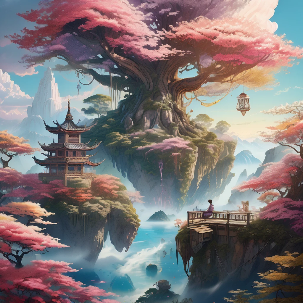 Create a mesmerizing scene where a woman is rests from a rope of ornate, lush, detailed flowers, delicately suspended with ornate ropes of extremely detailed flowers. The woman is in a mythic realm of dreams. Include floating islands and intricate watercolor skies. The woman's face exudes a sense of peace and happiness as she hangs weightlessly in the air. (((The woman's face is extremely detailed with distinct features.))) She is dwarfed by her interesting environment. The environment is filled with fluffy clouds, waterfalls cascading from the floating islands, and a vibrant, surreal environment with beautiful shades of pink, purple, and blue. The atmosphere is filled with a sense of wonder and tranquility. ((Include many shades of pink in the artwork's details and background.)) This scene will be depicted in an anime-style illustration, with soft lines, pastel colors, and a whimsical touch. The artwork will capture the ethereal beauty and tranquility of the dreamlike realm, creating a sense of harmony and escape from the ordinary world.