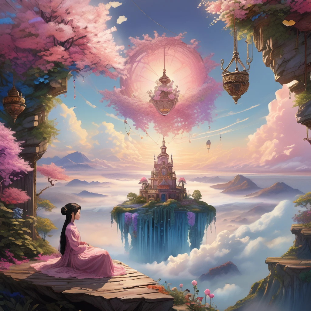 Create a mesmerizing scene where a woman is rests from a rope of ornate, lush, detailed flowers, delicately suspended with ornate ropes of extremely detailed flowers. The woman is in a mythic realm of dreams. Include floating islands and intricate watercolor skies. The woman's face exudes a sense of peace and happiness as she hangs weightlessly in the air. (((The woman's face is extremely detailed with distinct features.))) She is dwarfed by her interesting environment. The environment is filled with fluffy clouds, waterfalls cascading from the floating islands, and a vibrant, surreal environment with beautiful shades of pink, purple, and blue. The atmosphere is filled with a sense of wonder and tranquility. ((Include many shades of pink in the artwork's details and background.)) This scene will be depicted in an anime-style illustration, with soft lines, pastel colors, and a whimsical touch. The artwork will capture the ethereal beauty and tranquility of the dreamlike realm, creating a sense of harmony and escape from the ordinary world.