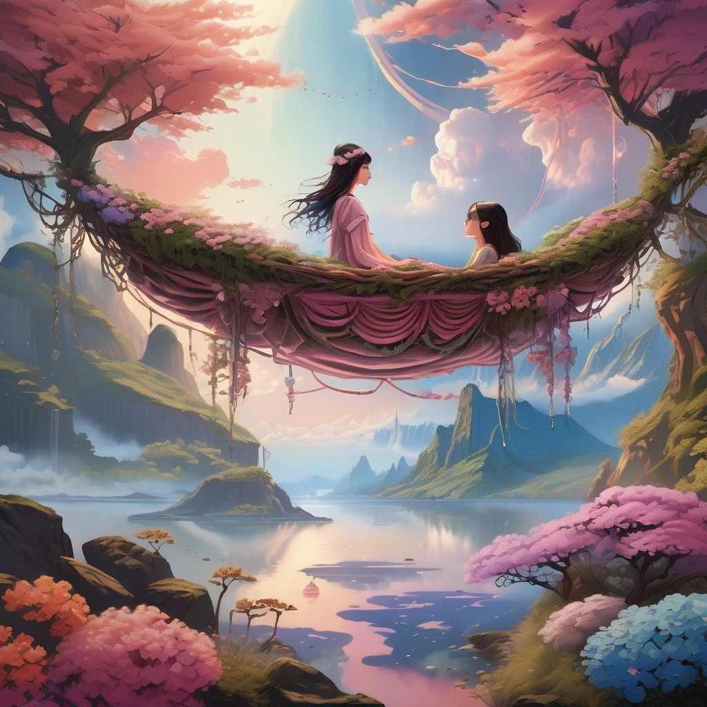 Create a mesmerizing scene where a woman is rests from a rope of ornate, lush, detailed flowers, delicately suspended with ornate ropes of extremely detailed flowers. The woman is in a mythic realm of dreams. Include floating islands and intricate watercolor skies. The woman's face exudes a sense of peace and happiness as she hangs weightlessly in the air. (((The woman's face is extremely detailed with distinct features.))) She is dwarfed by her interesting environment. The environment is filled with fluffy clouds, waterfalls cascading from the floating islands, and a vibrant, surreal environment with beautiful shades of pink, purple, and blue. The atmosphere is filled with a sense of wonder and tranquility. ((Include many shades of pink in the artwork's details and background.)) This scene will be depicted in an anime-style illustration, with soft lines, pastel colors, and a whimsical touch. The artwork will capture the ethereal beauty and tranquility of the dreamlike realm, creating a sense of harmony and escape from the ordinary world.